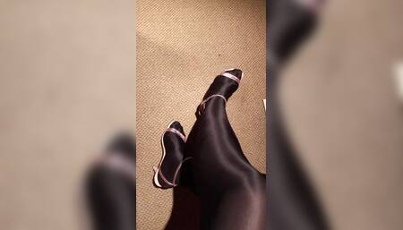 Hot Legs dressing Black Glossy tights, Satin Pink Skirt & So Sexy Pink sandals.