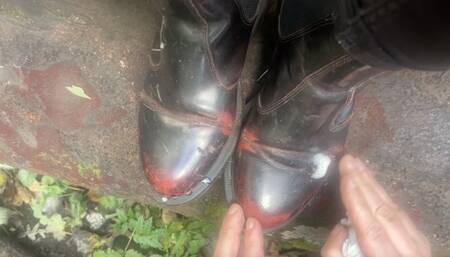 Clean, Lick and Worship my Doc Martens - I get my boots muddy, but it's ok my slave cleans them, and also uses my spit to shine them