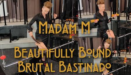 Beautifully Bound Brutal Bastinado while inverted using paddles, canes, and Lochgelly tawse