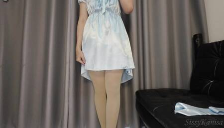 Sissykanisa Mix and Match: Beige Stocking X Blue Satin Panties X Blue Satin Dress