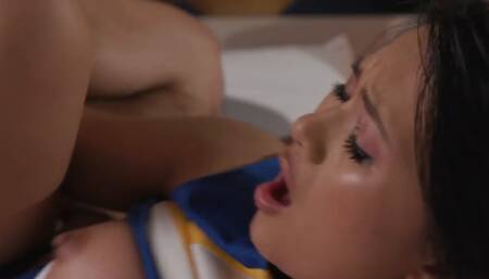 Cheerleader cutie is going to massage his cock with her hole