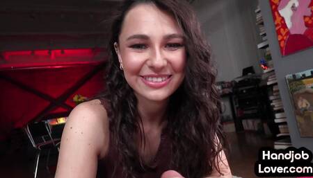 HJ amateur 21yo with small boobs jerks oiled cock in POV