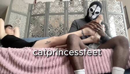 Bitchy milf gets foot massage while smoking and eating, size 9 mature feet