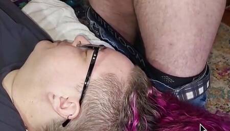 Cum on Her Glasses After She Strokes His Cock
