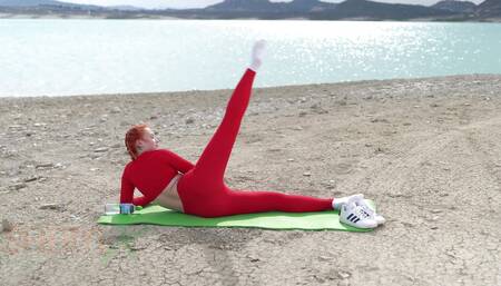 Doing Yoga Stretching Nerby Beautiful Lake