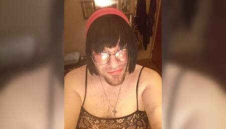 Crossdressing sissy fag dildo fucking his own asshole