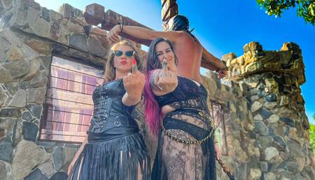 Sadistic medieval crucifixion  - Whipping in pieces by Mistress Zeida and Sadic Sadie
