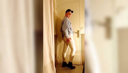 Cock stroking through white vinyl leggings - Part 2