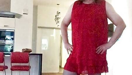 Nicki-Crossdress sexy new red Chiffon Dress, black Stockings & High-Heels