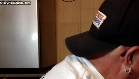 Mature gaydaddy sucks cock in homemade gloryhole closeup