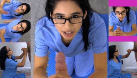 Sperm bank nurse eRica gives a handjob to show how sorry she is for lying! She gets cum all over her scrubs!