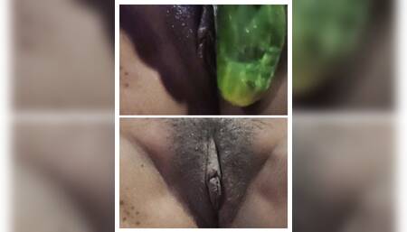 Horny housewife enjoying in the bedroom pussy with cucumber