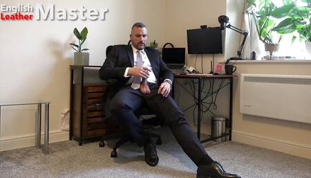 Suited Boss Jerks Uncut Cock and Cums on Formal Shoes