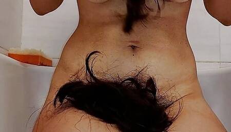 Amateur wife cuts her pussy hair. Hot brunette pussy hair, ass hair, big tits, big nipples