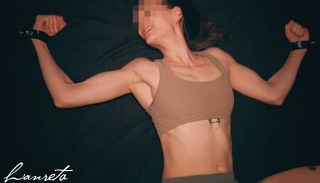 Hands Tied to the Bed. Struggling with Handcuffs