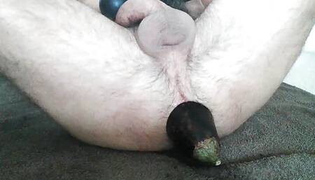 Painful anal stretching and fucking with huge eggplant and intense vibrator