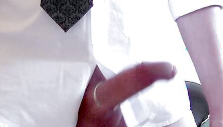 Remasturbated Shirt and Tie Strip Stroke and Huge Load on My Belly with Slowmo Cum