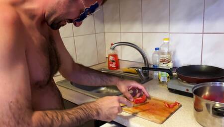 Earl cooks naked in the kitchen