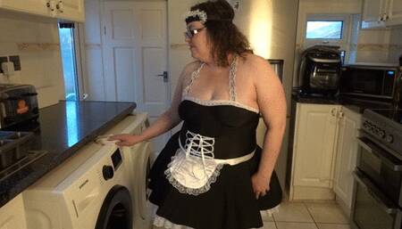Sexy Wife in French Maid uniform cleaning the kitchen