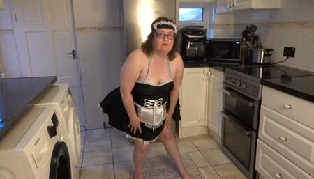 French maid in the kitchen playing hard with big black Dildo
