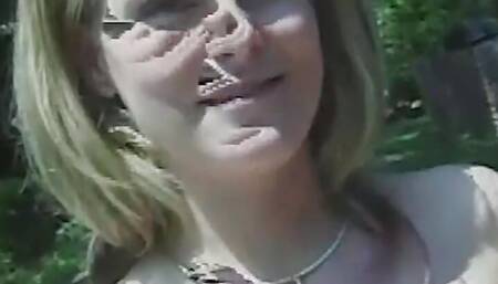 A Blonde Chick with Hairy Cunt and Big Fake Tits Drilled Outdoors by the Pool