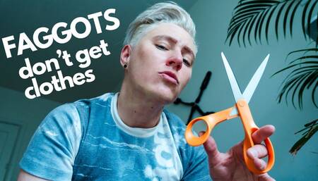 Dominant FtM Trans Clothing Destruction and Humiliation - Jaq Quicksilver - Trans dom Jaq cuts your faggot clothes off before showing you his huge strapon - 4k mp4