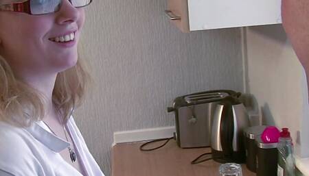 Uniformed Jessica Lowe and Luke Morris fuck in the kitchen