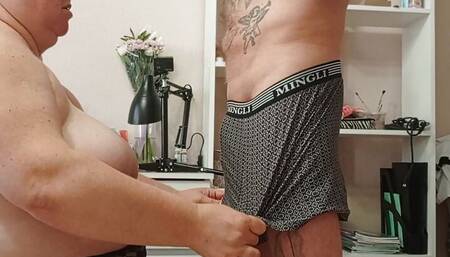 Stepmom jerks off my dick with her hands and tits