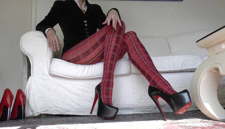 Red Tartan Tights and Extreme Heels Legs Show