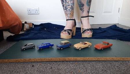 Giantess Jayne crushes 5 plastic cars in chunky heels toy car crush low closeup ground view
