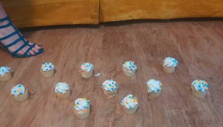 Fifi smooshing cupcakes in teal reptile print high heels then taking the heels off and smooshing them barefoot *new*