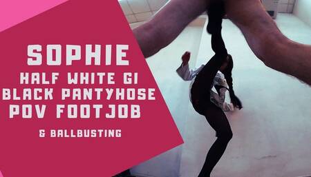 Half white gi and black pantyhose POV kicks footjob and ballbusting