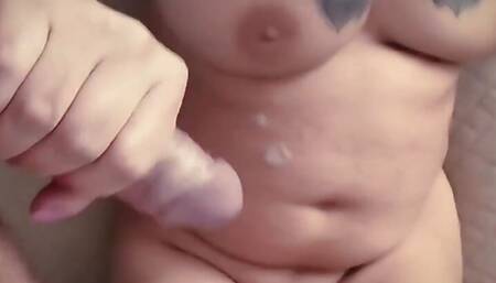 Busty tattoo wife handjib and cumshot shower