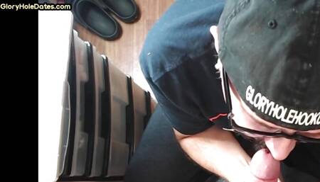 Gaydaddy sucks gloryhole cock at home till cum in mouth