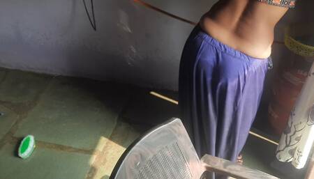 Stepsister in petticoat blouse cleaning the house and insisting to get rid of stepbrother