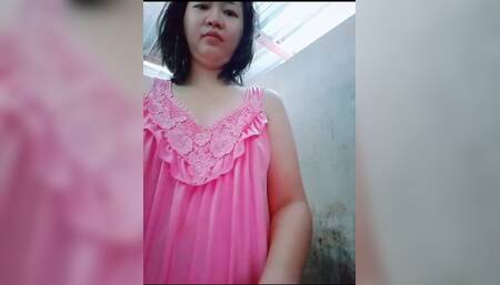 Super Cute Petite Asian Brunette Girl with Pink Dress