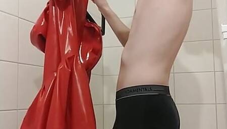 Shining and lubing red latex hooded swing dress and rubber stockings