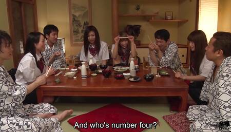 Japanese schoolgirls play truth or dare with old guys and have sex