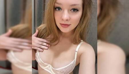 cute obidient teen masturbates in white lingerie in fitting room