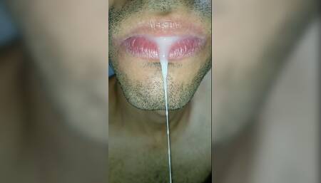 Cum in my mouth, play with your cum, and swallow it, close-up, naughty gay, tongue, sloopy