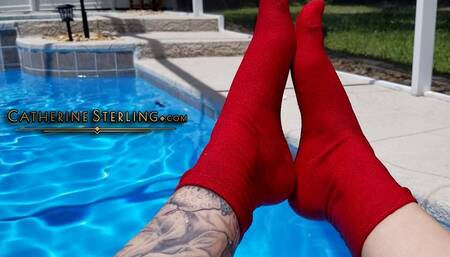 Sock Feet make a Splash, Soaking Wet Soles Close Ups and a Bare Foot, Dripping Toes Reveal at the Poolside! Mobile friendly streaming SD version