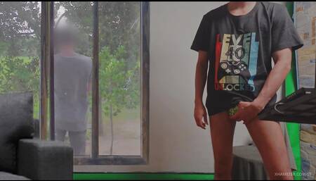 Watched my neighbor out the window when I came home from work and masturbated and cum
