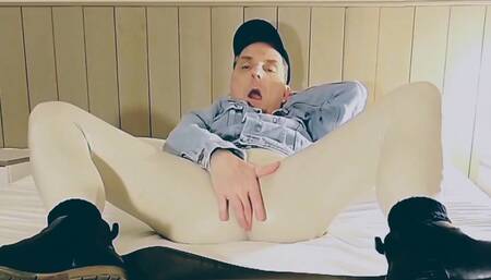 Ass exposure and cock stroking through white vinyl