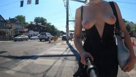 Teaser- Walking with my breasts fully out on a public street