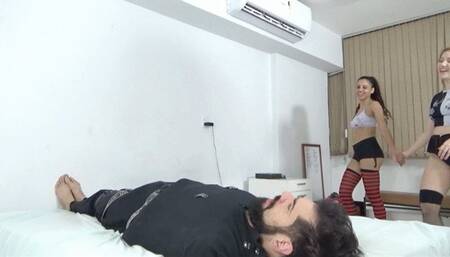 Domination of two beautiful princesses lesbian kissing while they stand there on the face of the cuckold slave in facesitting By Natsha Fiore and Lilly Cam By Dani Full Hd