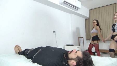 Domination of two beautiful princesses lesbian kissing while they stand there on the face of the cuckold slave in facesitting Part 1 By Natsha Fiore and Lilly Cam By Dani Full Hd