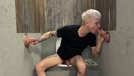 The Guy Jerked off in the Toilet and Then He Was Joined by Two Penises in Holes