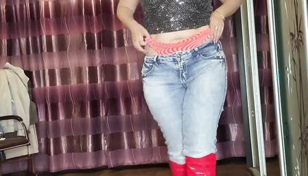 I Have a Great and Sexy Look Today! I'm Wearing Red Long Boots and Blue Jeans and a Top! Very Sexy and I'm Playing with Myself!