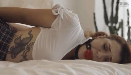 Student brat Royal is hogtied and gagged in her uniform and tries to free herself