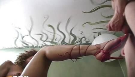 Ebony babe kicks hard a masked guy with big dick and balls before sucking him